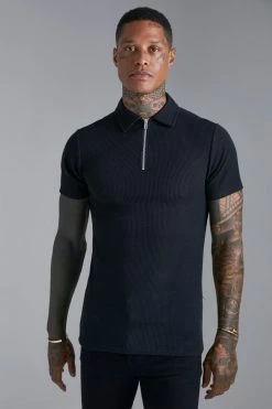 Crinckle Rib Muscle Fit Zip Polo