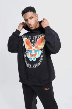 Oversized Butterfly Graphic Distressed Hoodie