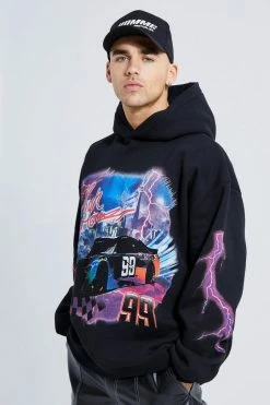Oversized Lightning Moto Graphic Hoodie