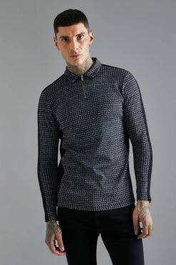 Slim Fit Zip Neck Long Sleeve Jacquard Polo