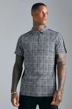 Slim Zip Neck Jacquard Check Side Panel Polo