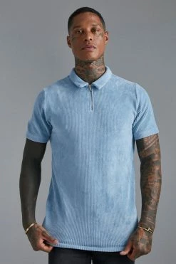 Slim Fit Zip Neck Ribbed Velour Polo