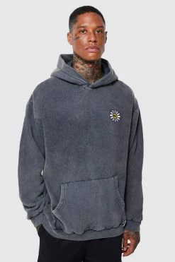 Oversized Flower Embroidered Washed Hoodie