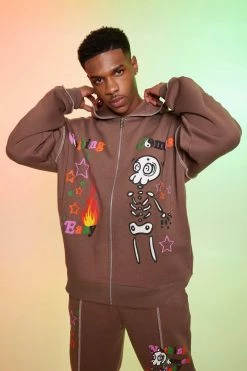 Oversized Boxy Zip Through Skeleton Hoodie