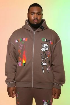Plus Oversized Boxy Zip Thru Skeleton Hoodie