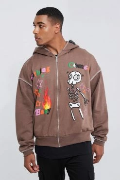 Tall Oversized Boxy Zip Thru Skeleton Hoodie