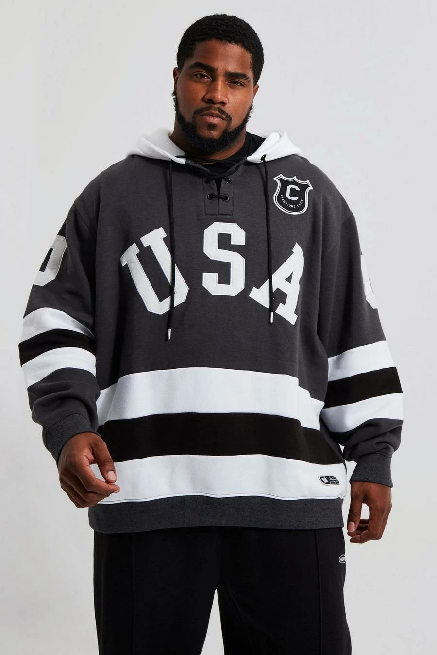 Plus Loose Fit Varsity Hockey Hoodie 1 Plus Loose Fit Varsity Hockey Hoodie