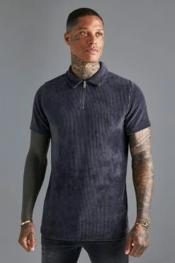 Slim Fit Zip Neck Ribbed Velour Polo
