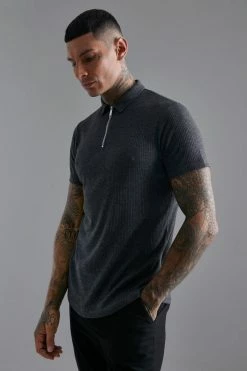 Smart Ribbed Zip Neck Polo