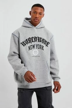 Oversized Puff Print Contrast Stitch Hoodie