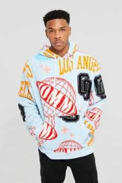 Oversized Varsity Print Borg Hoodie