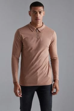 Slim Fit Ribbed Zip Neck Long Sleeve Polo