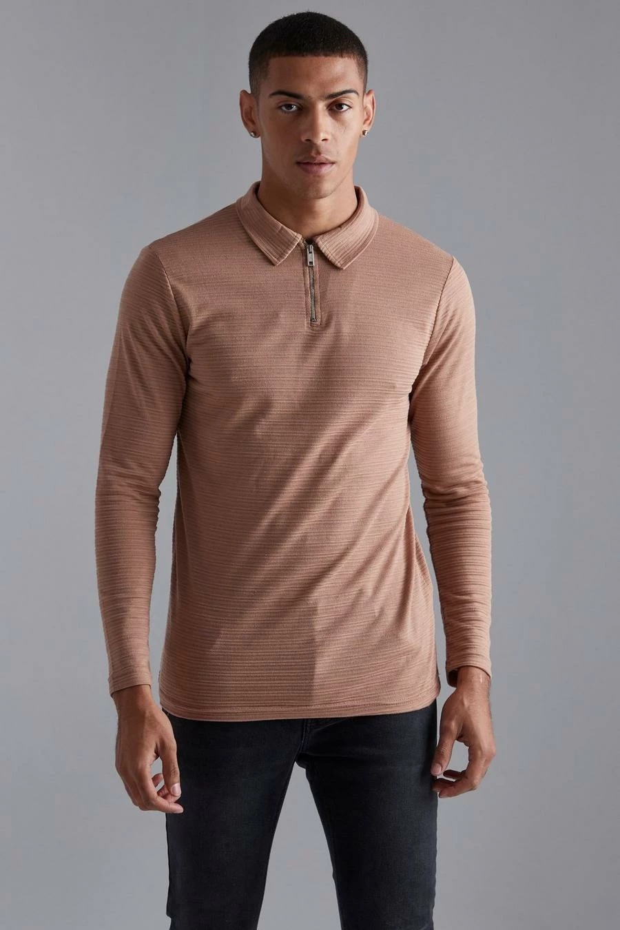 Slim Fit Ribbed Zip Neck Long Sleeve Polo 1 Slim Fit Ribbed Zip Neck Long Sleeve Polo