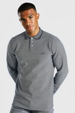 Man Slim Fit Long Sleeved Pique Polo Top