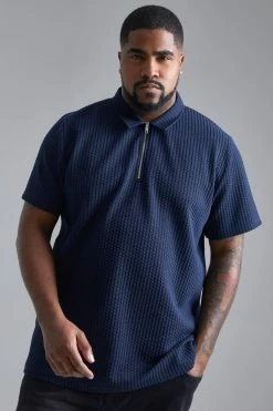 Plus Smart Zip Neck Tonal Jacquard Polo