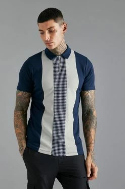 Slim Fit Jacquard Panel Zip Neck Polo