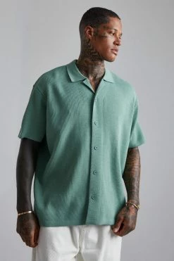 Short Sleeve Knitted Pleated Revere Shirt
