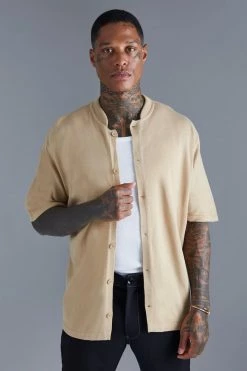 Short Sleeve Grandad Collar Knitted Shirt