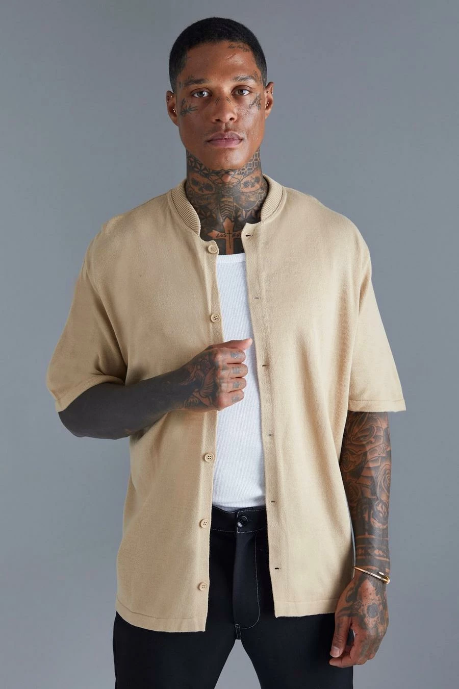 Short Sleeve Grandad Collar Knitted Shirt 1 Short Sleeve Grandad Collar Knitted Shirt