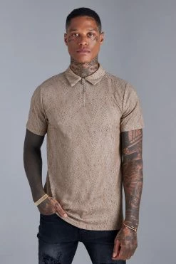 Slim Fit Jacquard Zip Polo With Man Tab