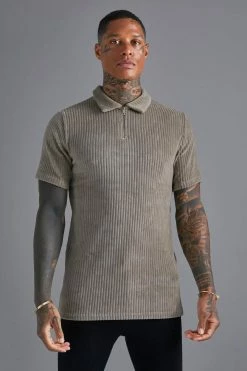 Slim Fit Zip Neck Ribbed Velour Polo