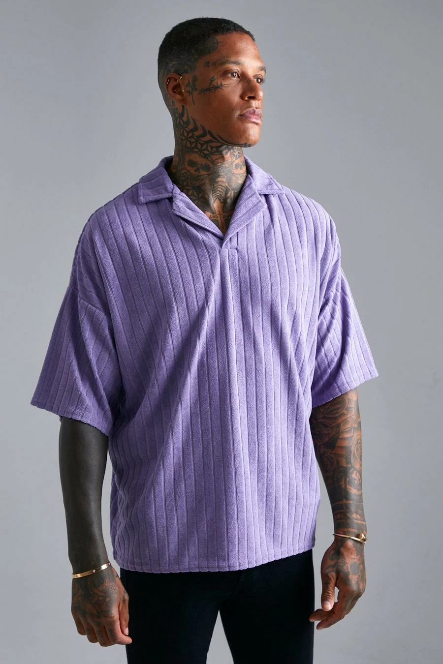 Striped Towelling Oversized Revere Polo 1 Striped Towelling Oversized Revere Polo