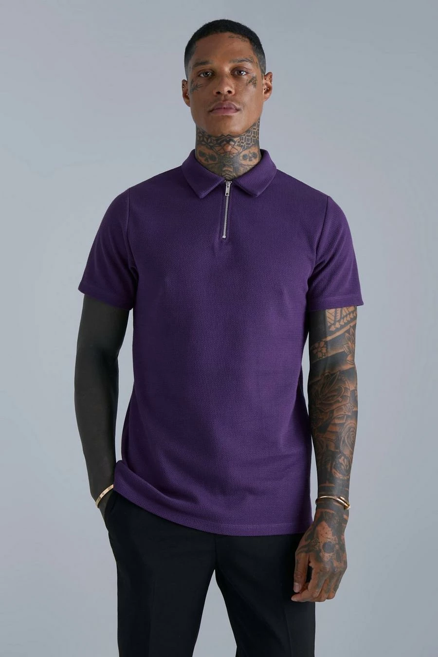 Slim Fit Jacquard Zip Polo With Man Tab 1 Slim Fit Jacquard Zip Polo With Man Tab